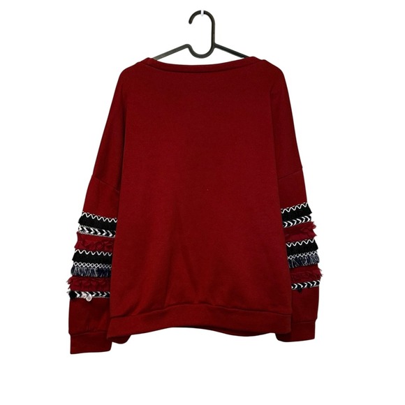Womens Red Long Sleeve Pullover Fringe Trim Sweatshirt Size L - Picture 2 of 3